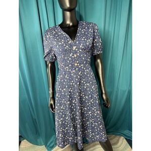Droimp Blue Floral Print Button Up V Neck Short Sleeve Midi Dres M